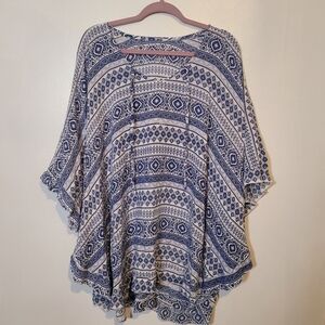 Blue and White Kaftan Poncho Geometric Aztec Print Size Large